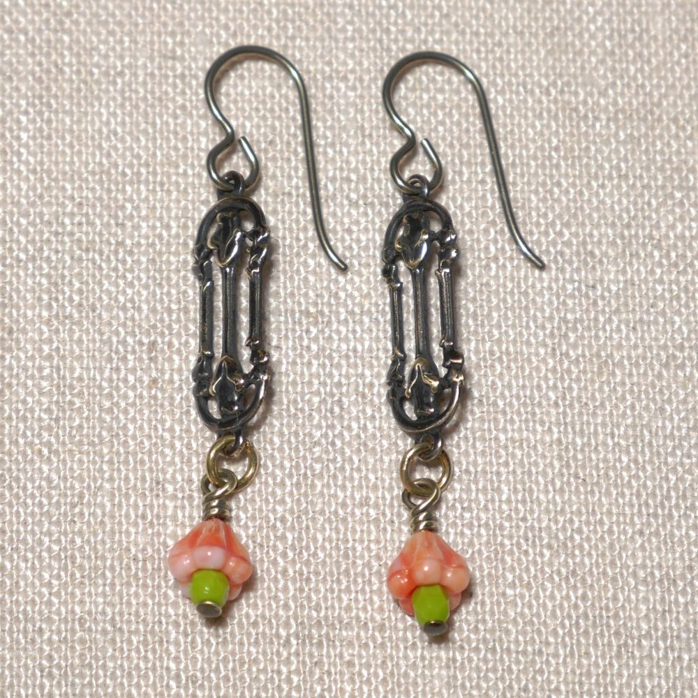 Hand Crafted Handmade Earrings Arts & Crafts Style Brass Coral Pink Bell…